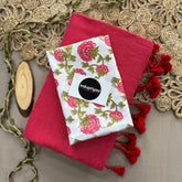 Gajri Handloom Khadi Cotton Saree With White Flower Print Blouse